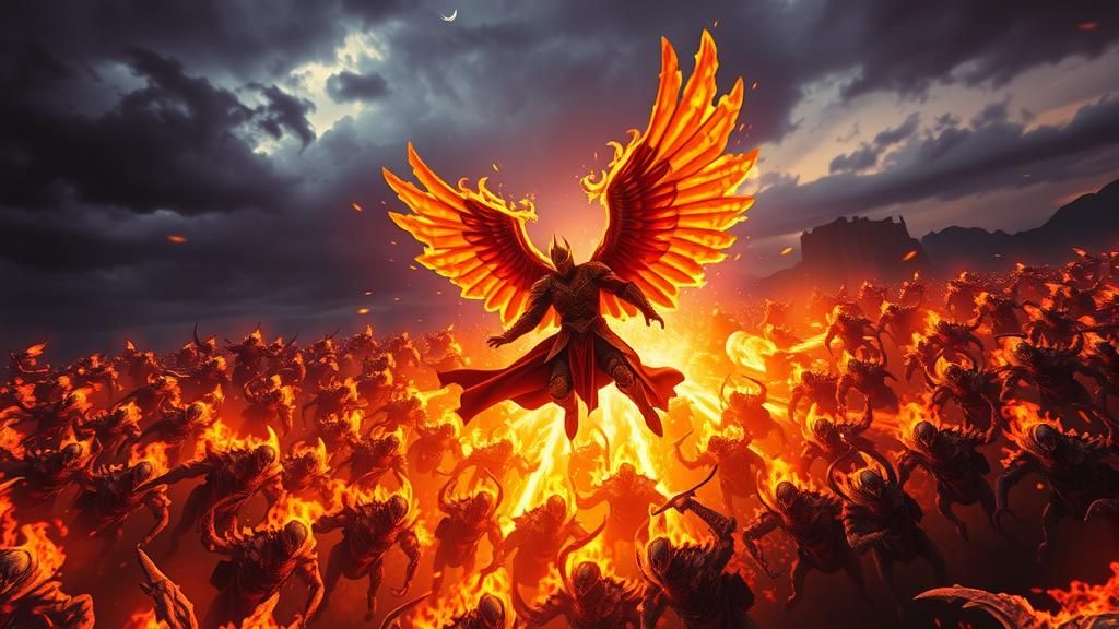 Winged Hero Unleashes Fiery Blasts on Battlefield