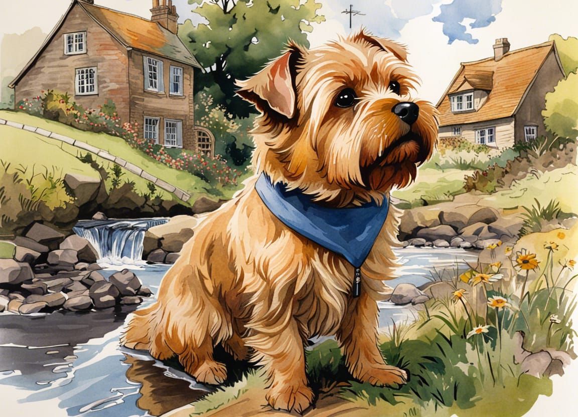 Norfolk Terrier in English Village: Watercolor Art