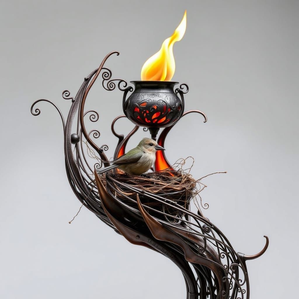 Surreal Metal Sculpture of Flickering Flames with Tiny Bird'...