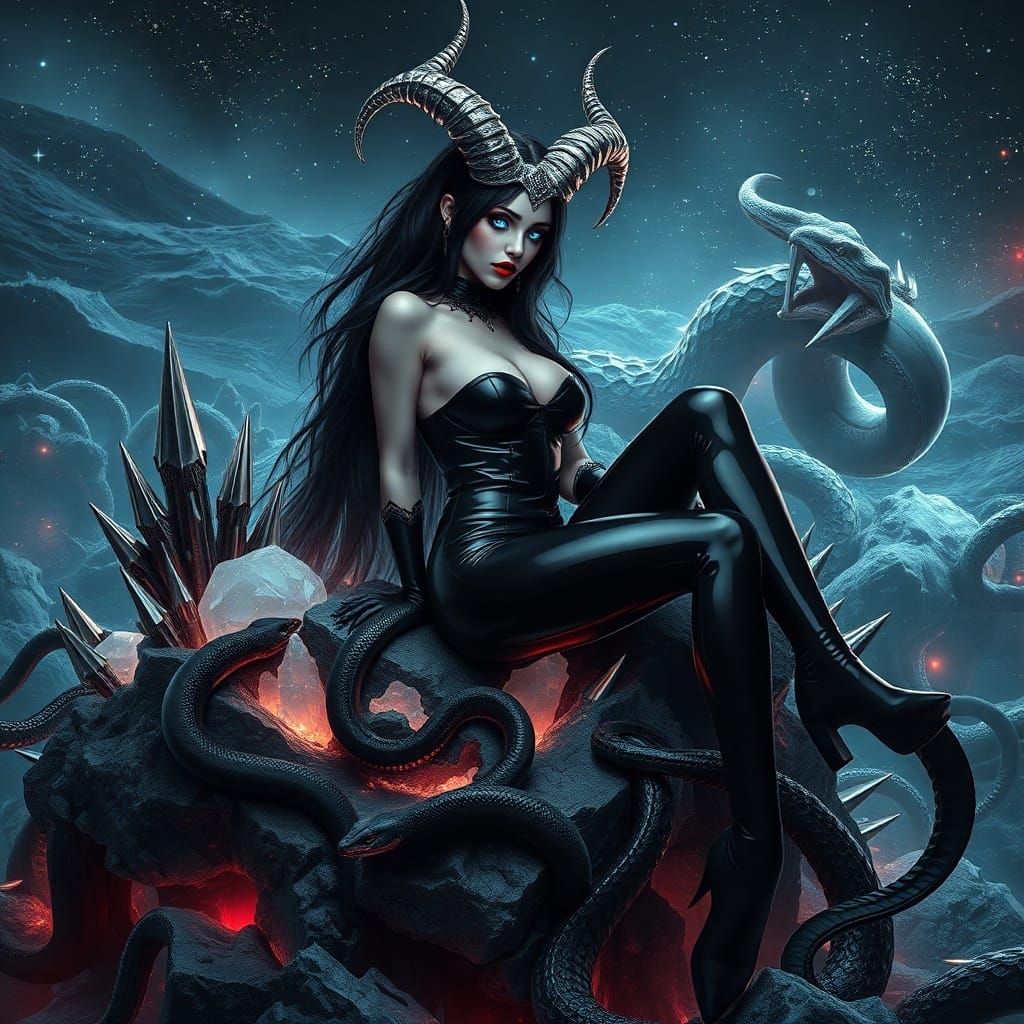 Gothic Goddess on Crystal Rock in Bioluminescent Ocean