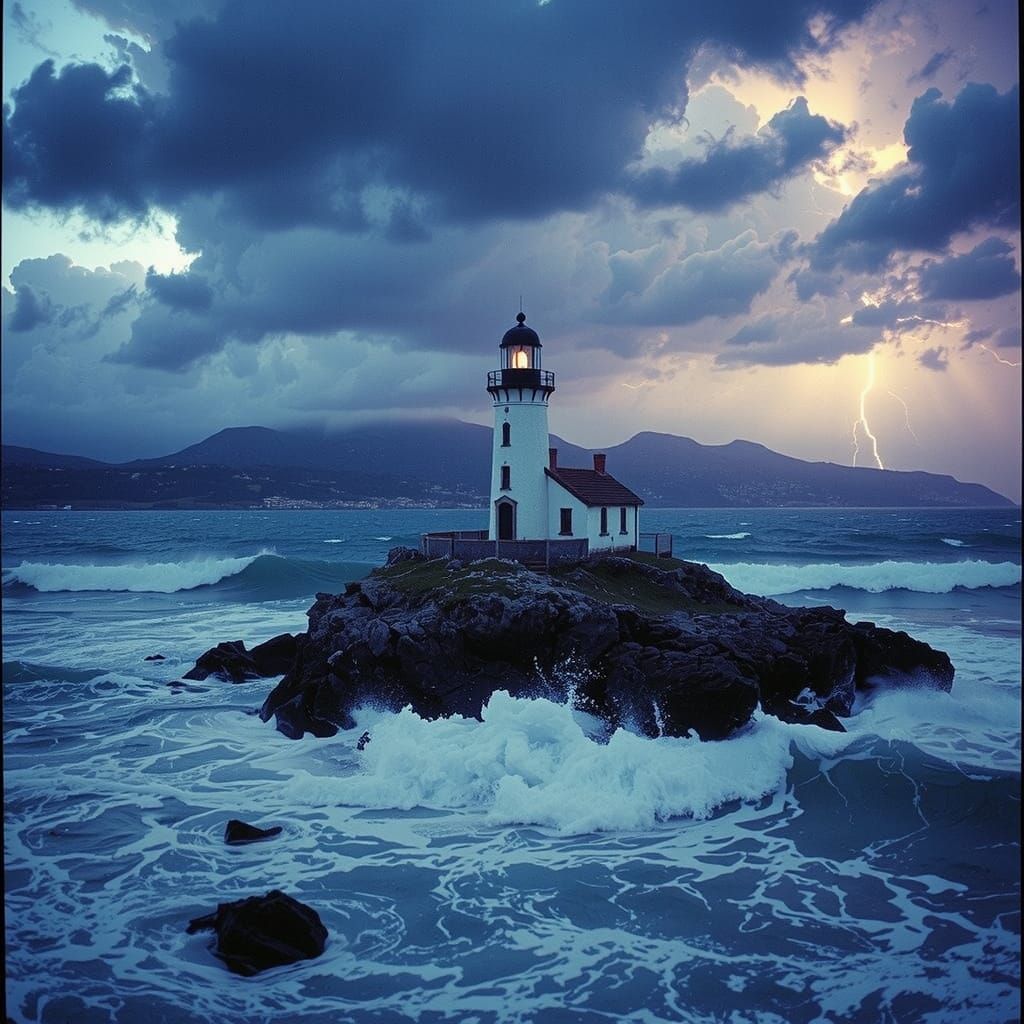 Dramatic Lighthouse on Rocky Isle in Stormy Seas