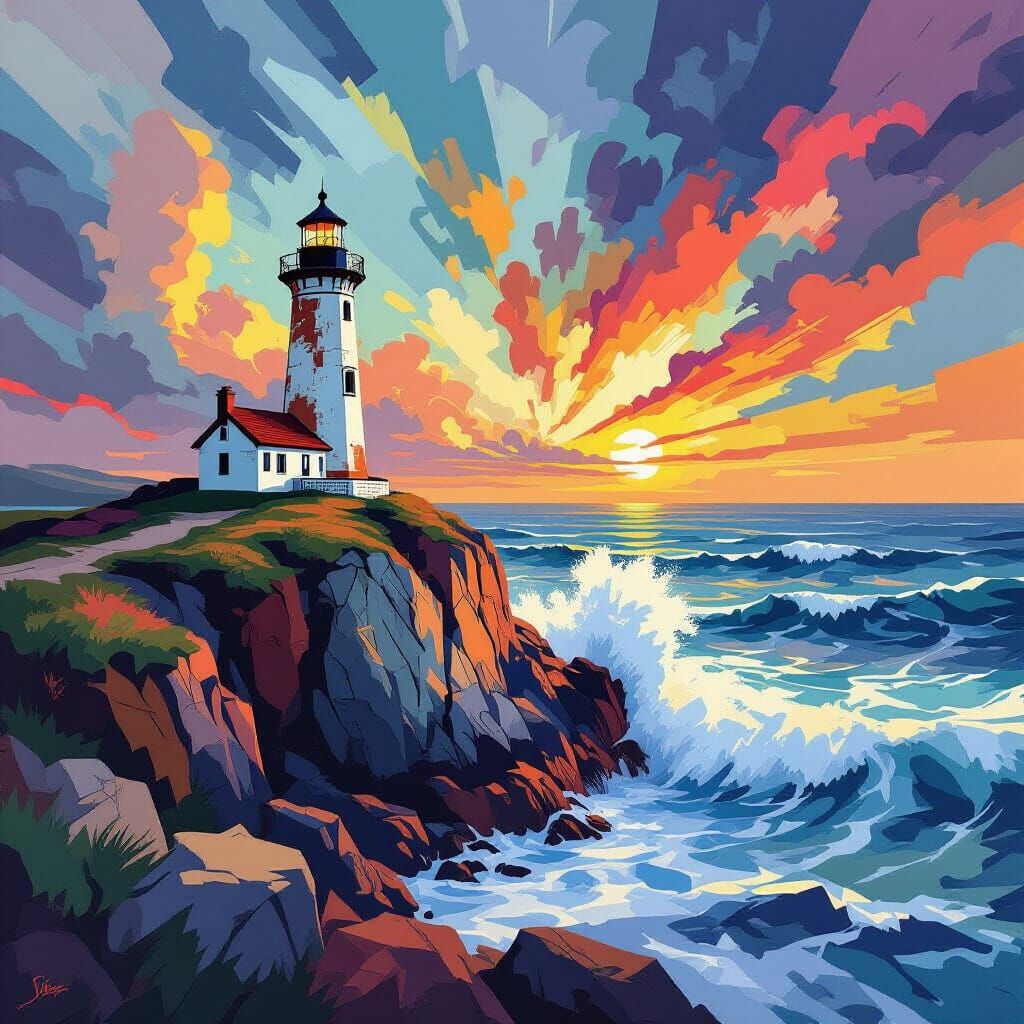 Lighthouse Overlooking Turbulent Sea in Fauvist Style