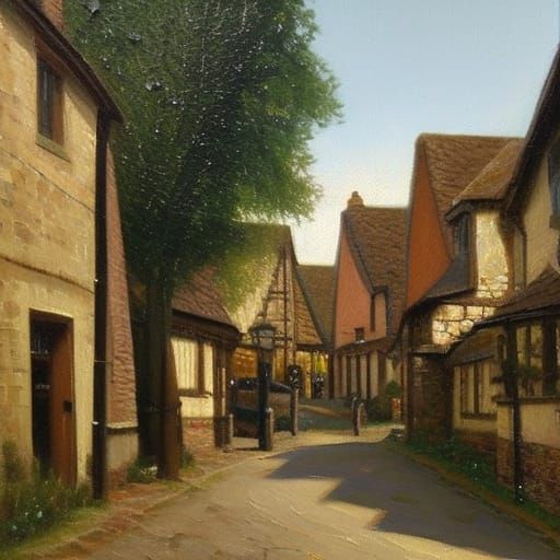Charming English Village Pub Scene as Oil Painting
