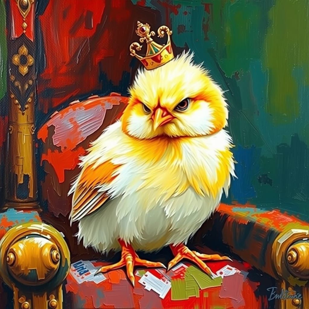 Grumpy Chick King on Throne as Impasto Oil Painting