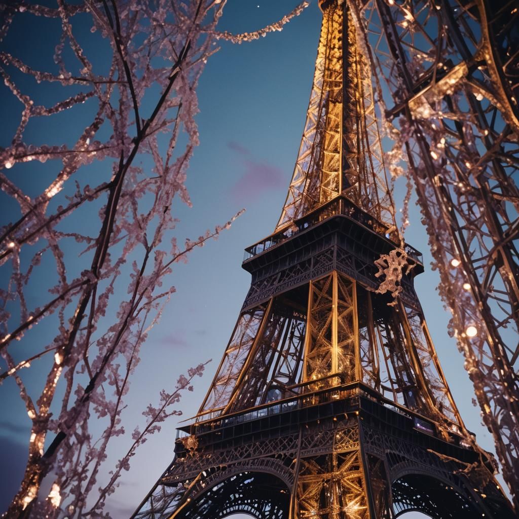 Crystallized Eiffel Tower at Night: Cinematic Still