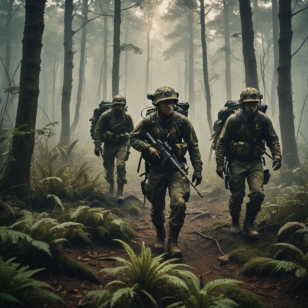 Elite Rangers Trek Through Misty Forest: Cinematic Film Stil...