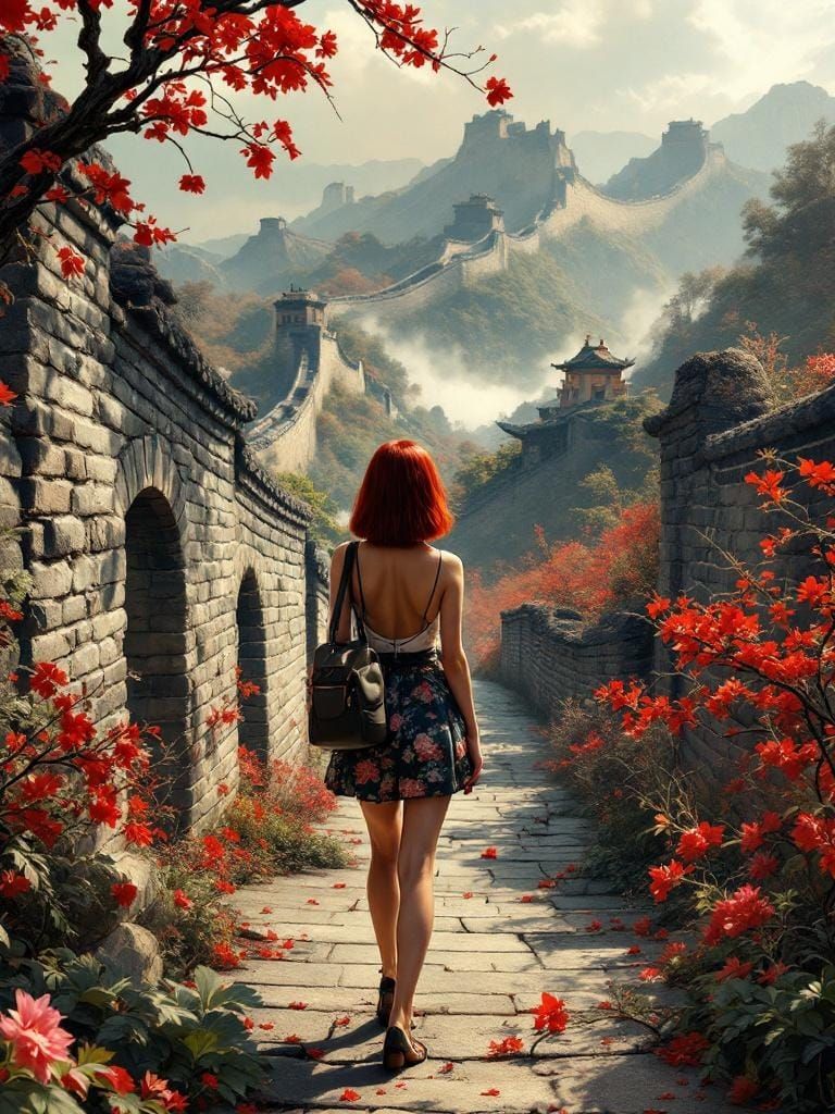 Redhead on Great Wall in Classical Painting Style