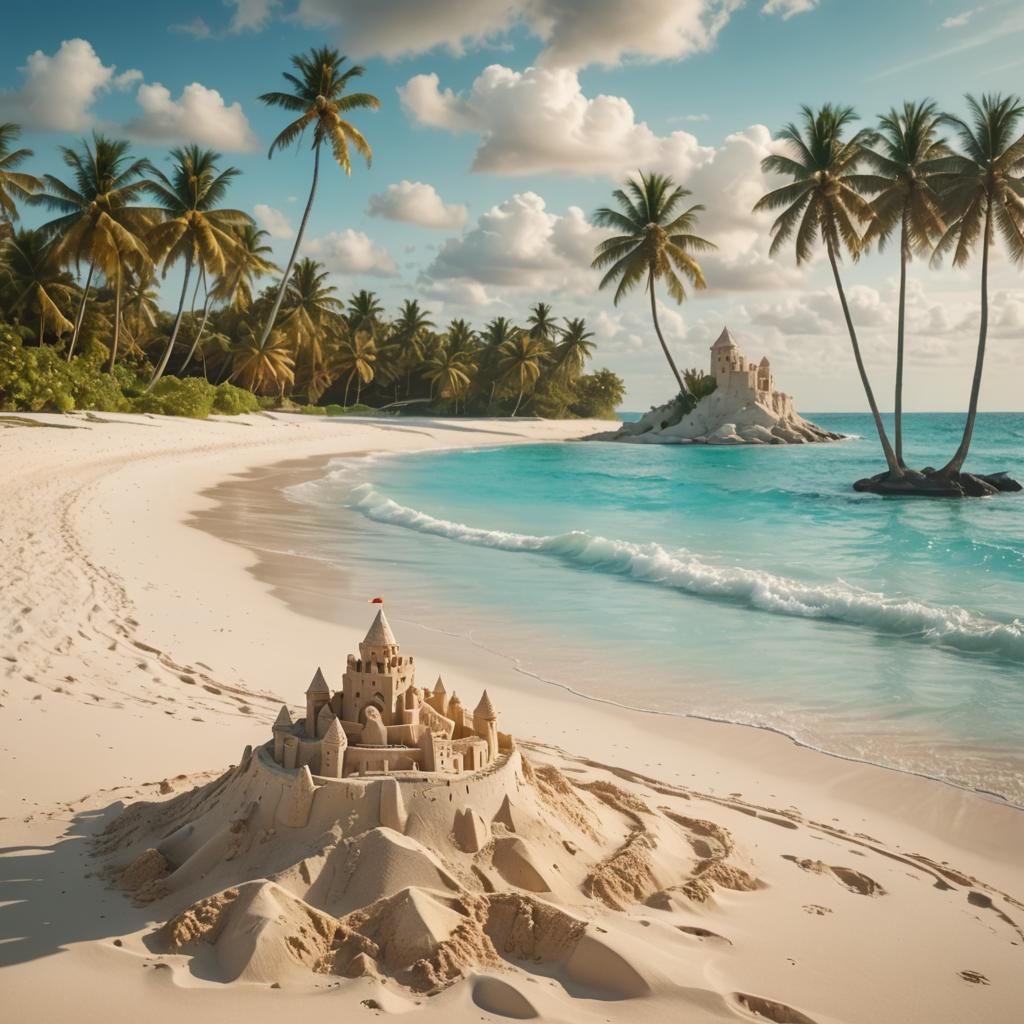 Sandcastle on Serene Beach in Watercolor Style
