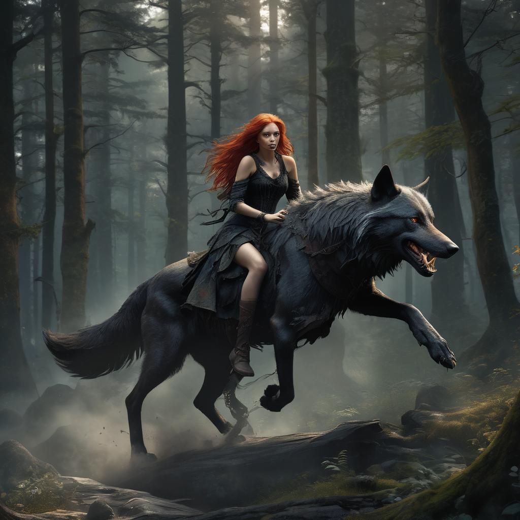 Mystical Witch Rides a Wolf in Ancient Forest