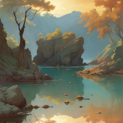 Watercolor Lagoon: Rock, Boat, and Golden Sunset