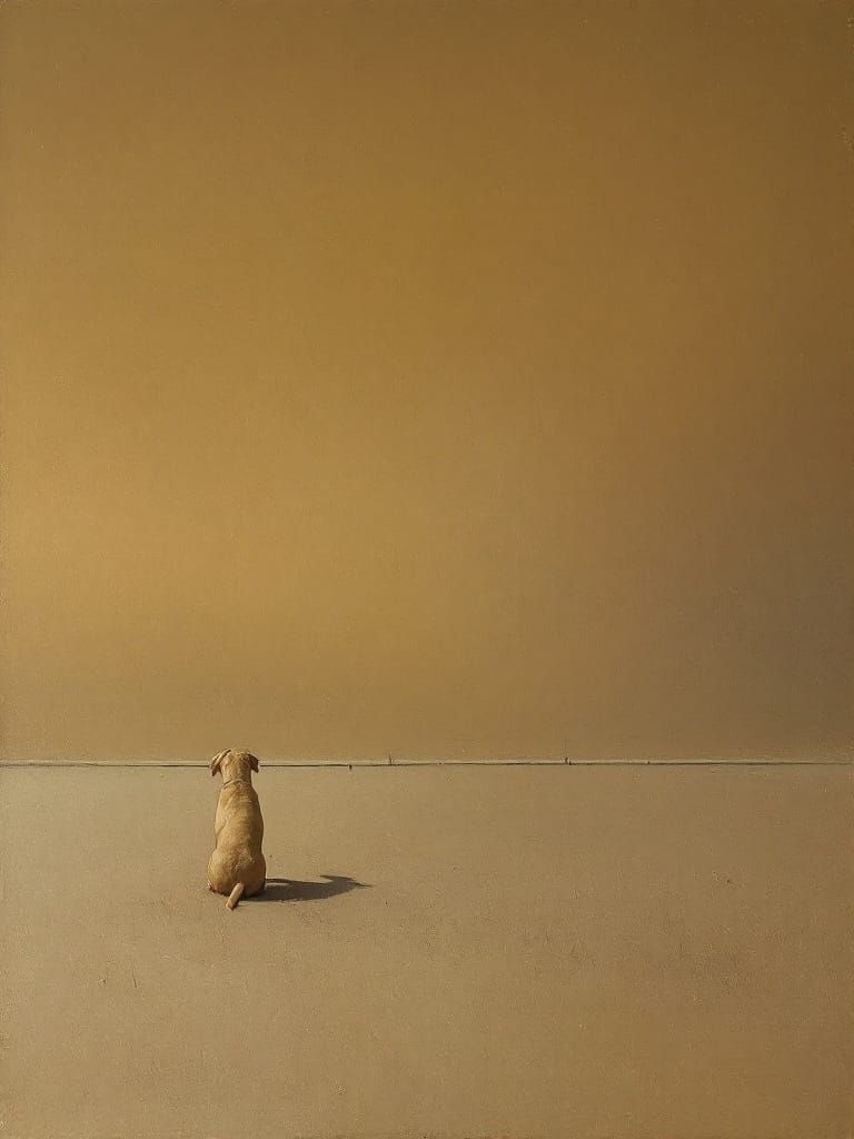Dog in Sunlit Space with Shadow, Hyperrealistic Texture