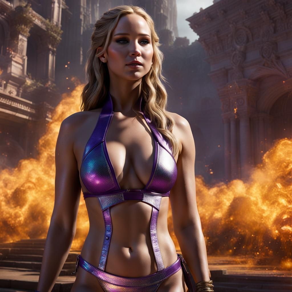 Jennifer Lawrence in White Leather Bikini, Fantasy Art