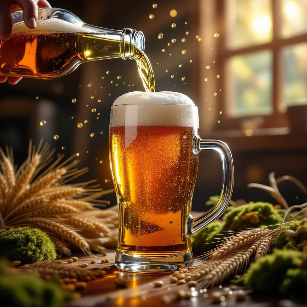 Golden Beer Pouring with Cinematic Sunlight