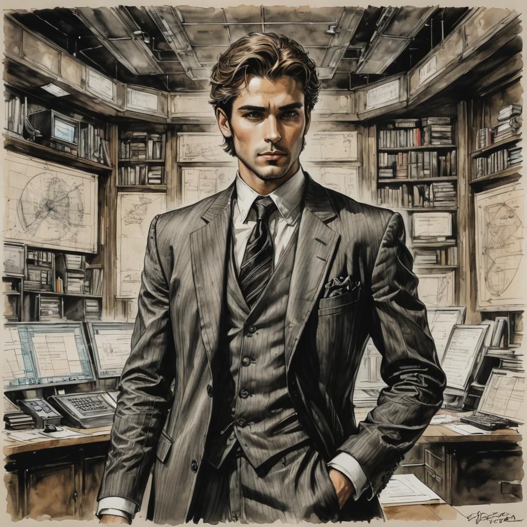 Nervous Accountant in Retro-Future Office, Sketch Art