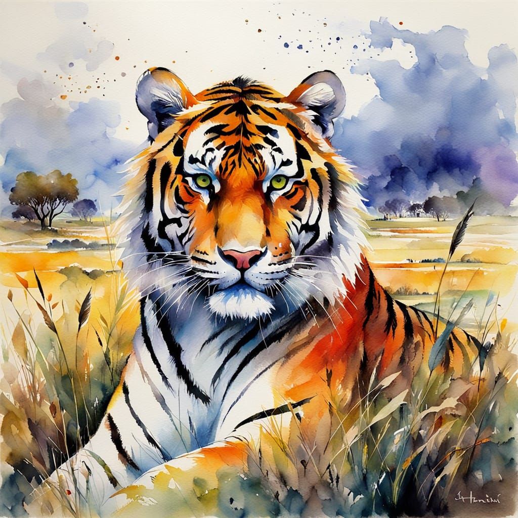 Tiger in Dried Grass as Watercolour Painting
