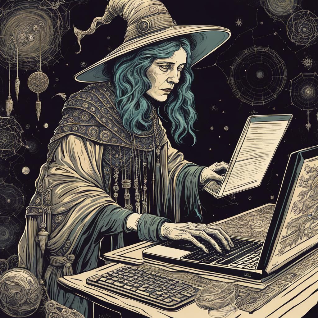 Retro Witch Typing on Laptop: Detailed Abstract Art