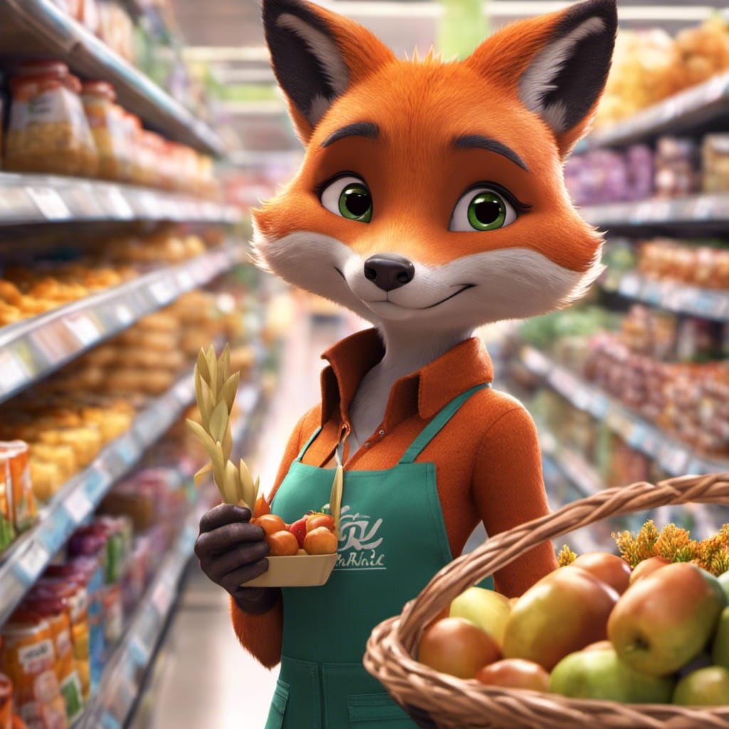 Fox Mom at Supermarket: Hyperrealistic Zootopia Scene