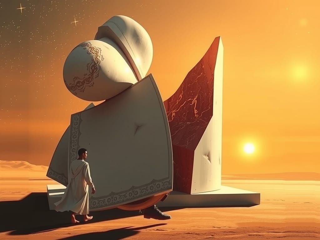 Surreal Figure Approaches Shimmering Sculpture at Sunrise