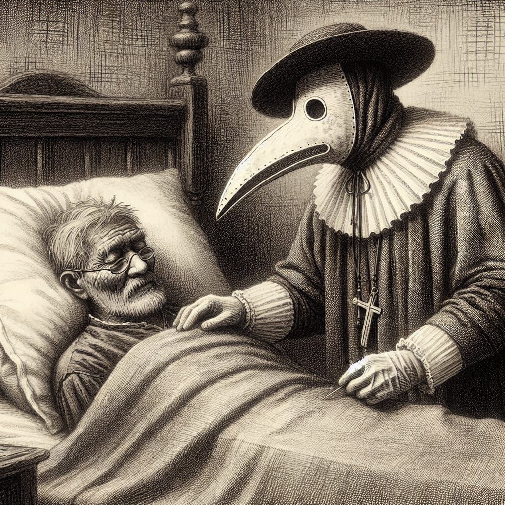 17th Century Doctor Tending Patient, Charcoal Drawing