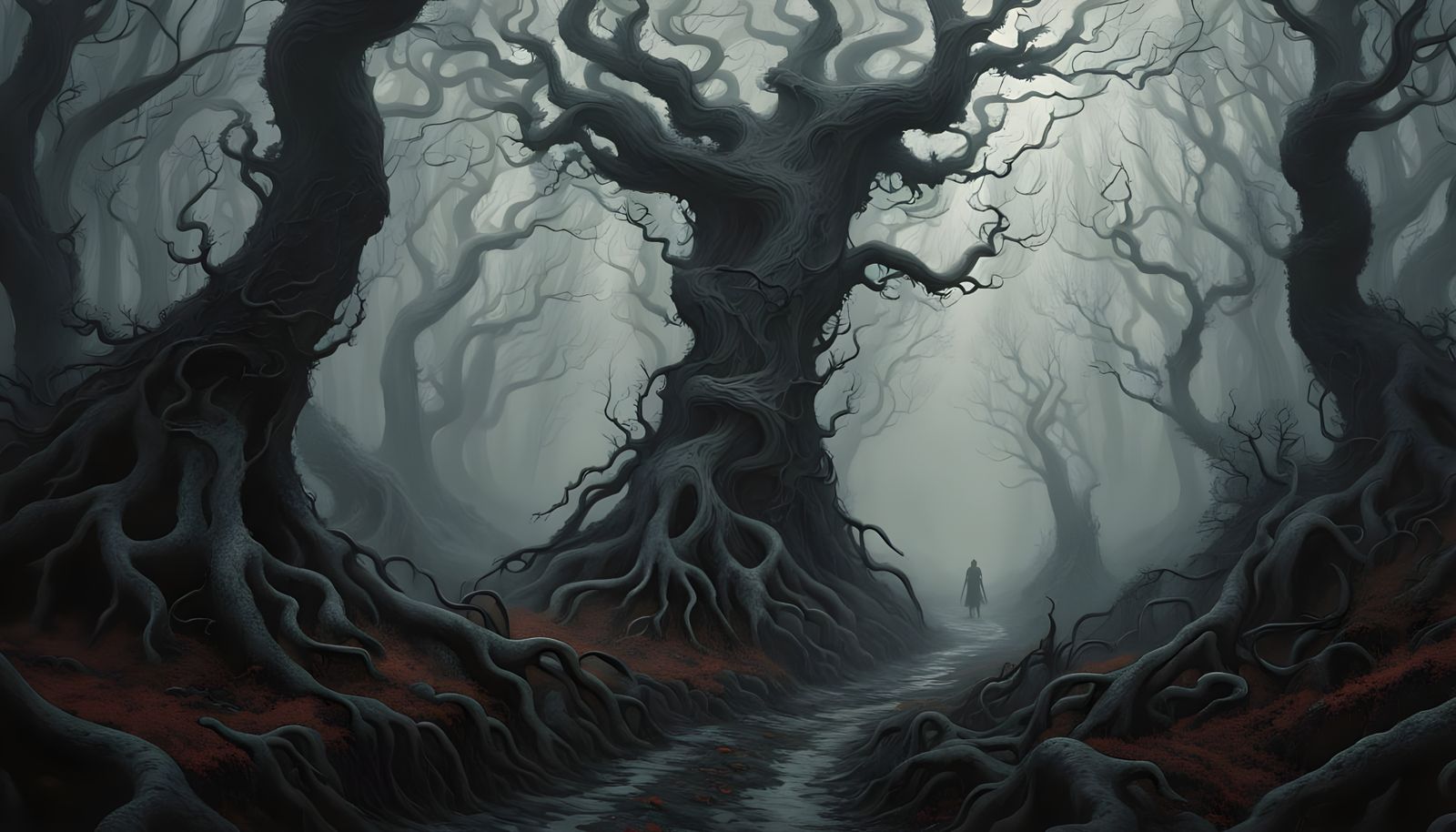 Foggy Forest Path in Beksinski Style