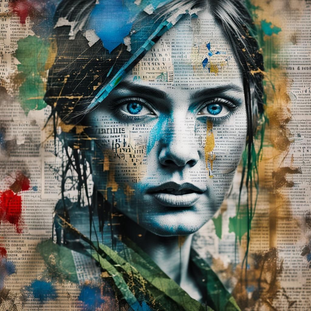 Mixed-Media Street Art Portrait with Wireframe Elements
