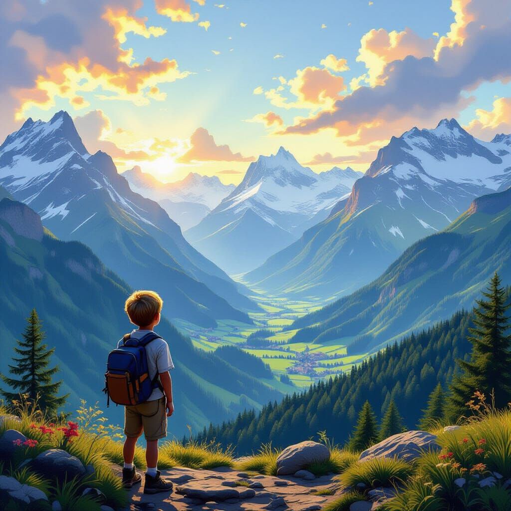 Young Boy Gazing at Majestic Swiss Alps Vista