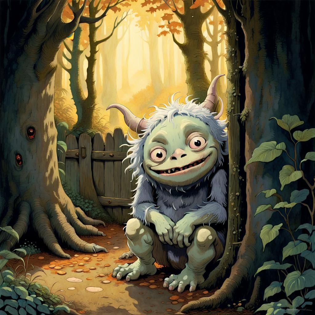 Cute Monster Hiding: Storybook Illustration