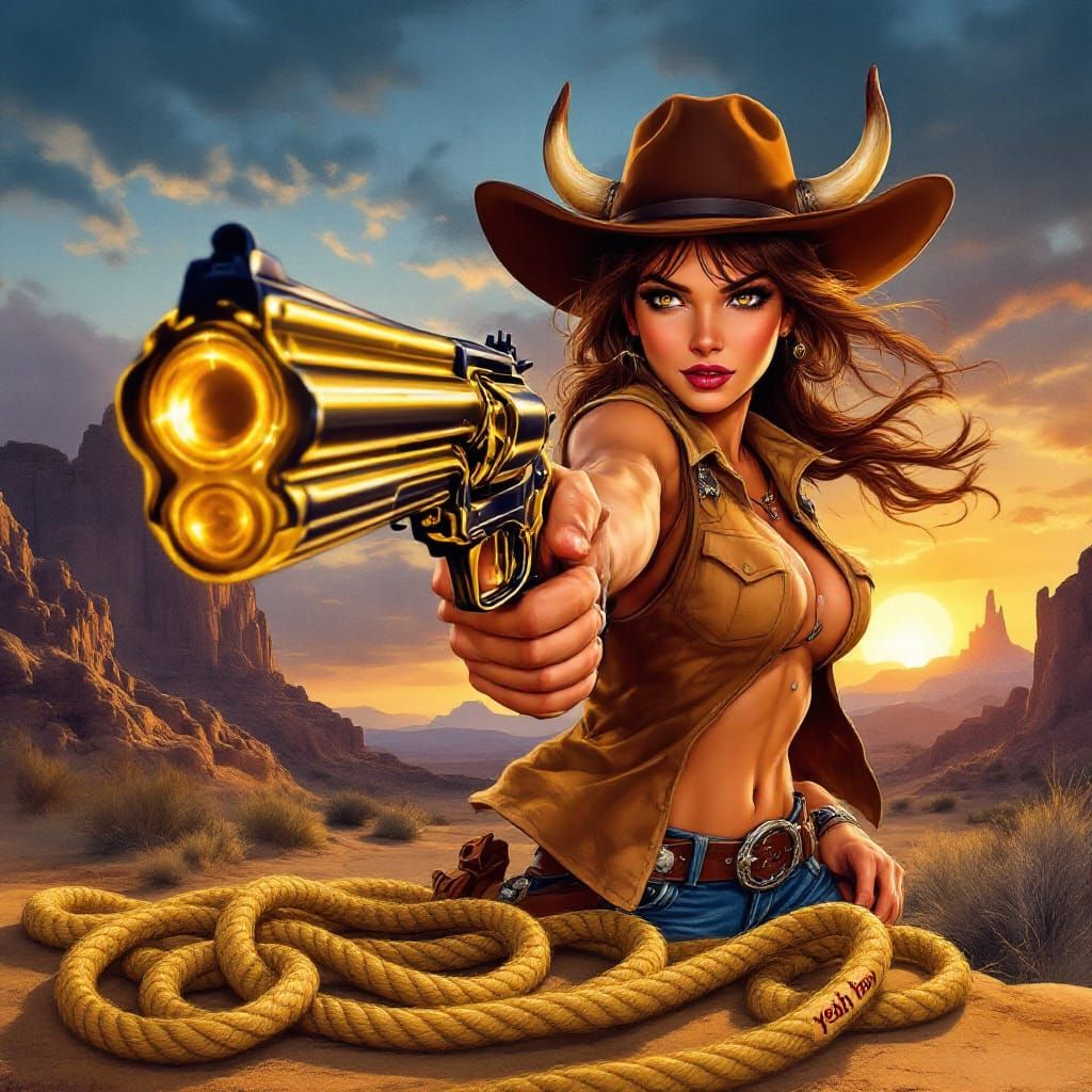 Determined Cowgirl with Golden Gun in Desert Sunset