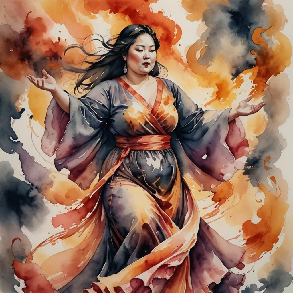 Graceful Dancer in Fiery Sunset, Watercolor Ink Style