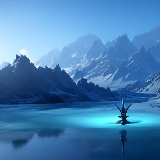 Glacial Glass Sword in Lake: Fantasy Concept Art