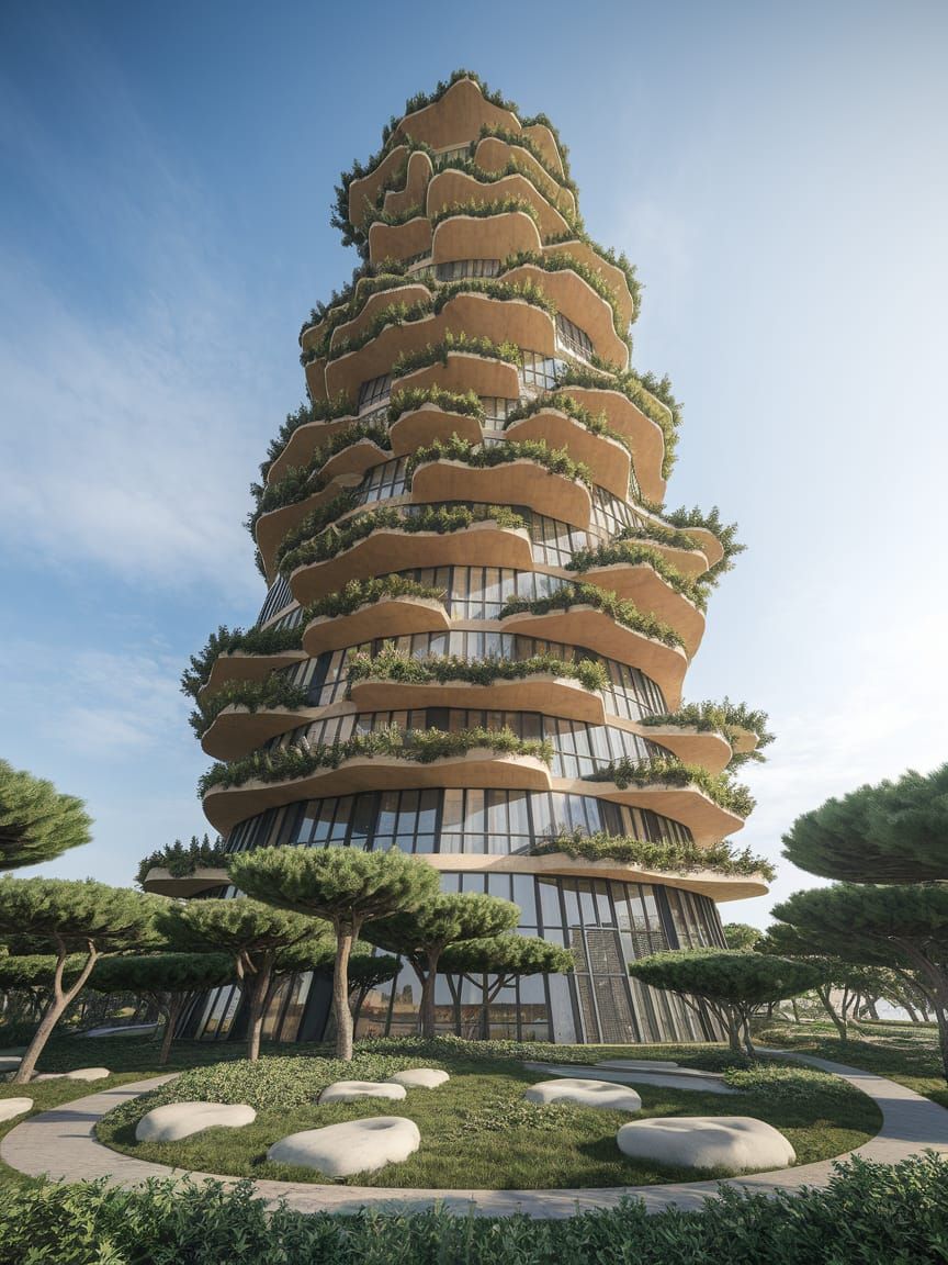 Organic Architecture Tower with Tapered Design and Leafy Bal...