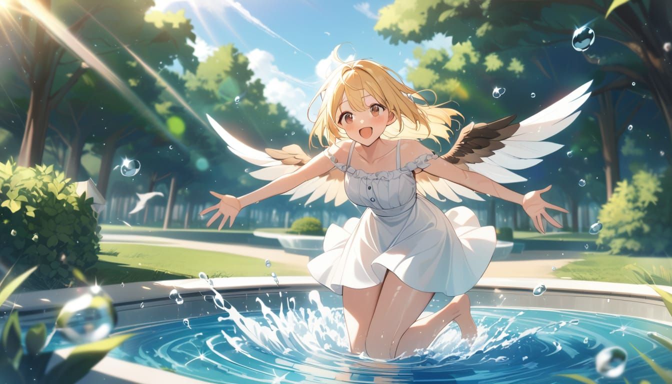 Excited Bird-Girl Splashing in Park Fountain