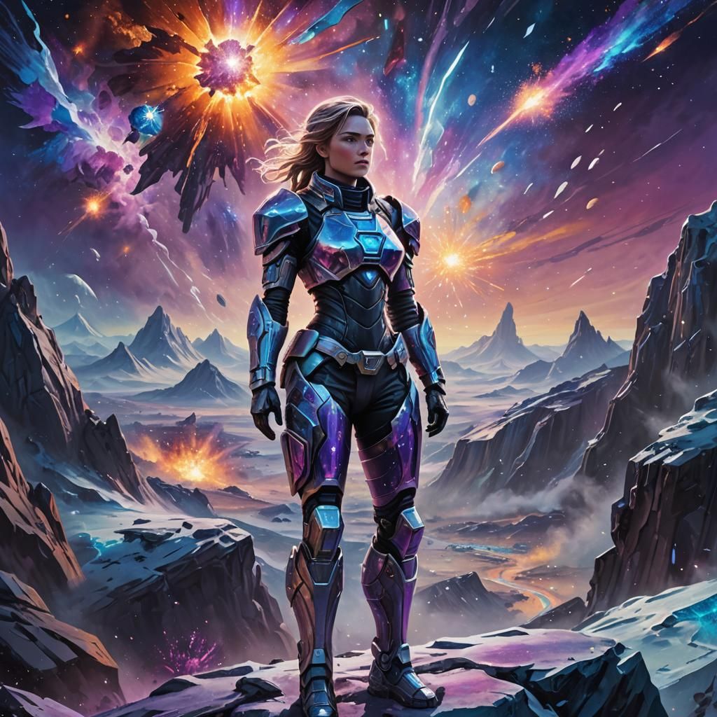 Frozen Planet Warrior Overlooking Cosmic Explosions