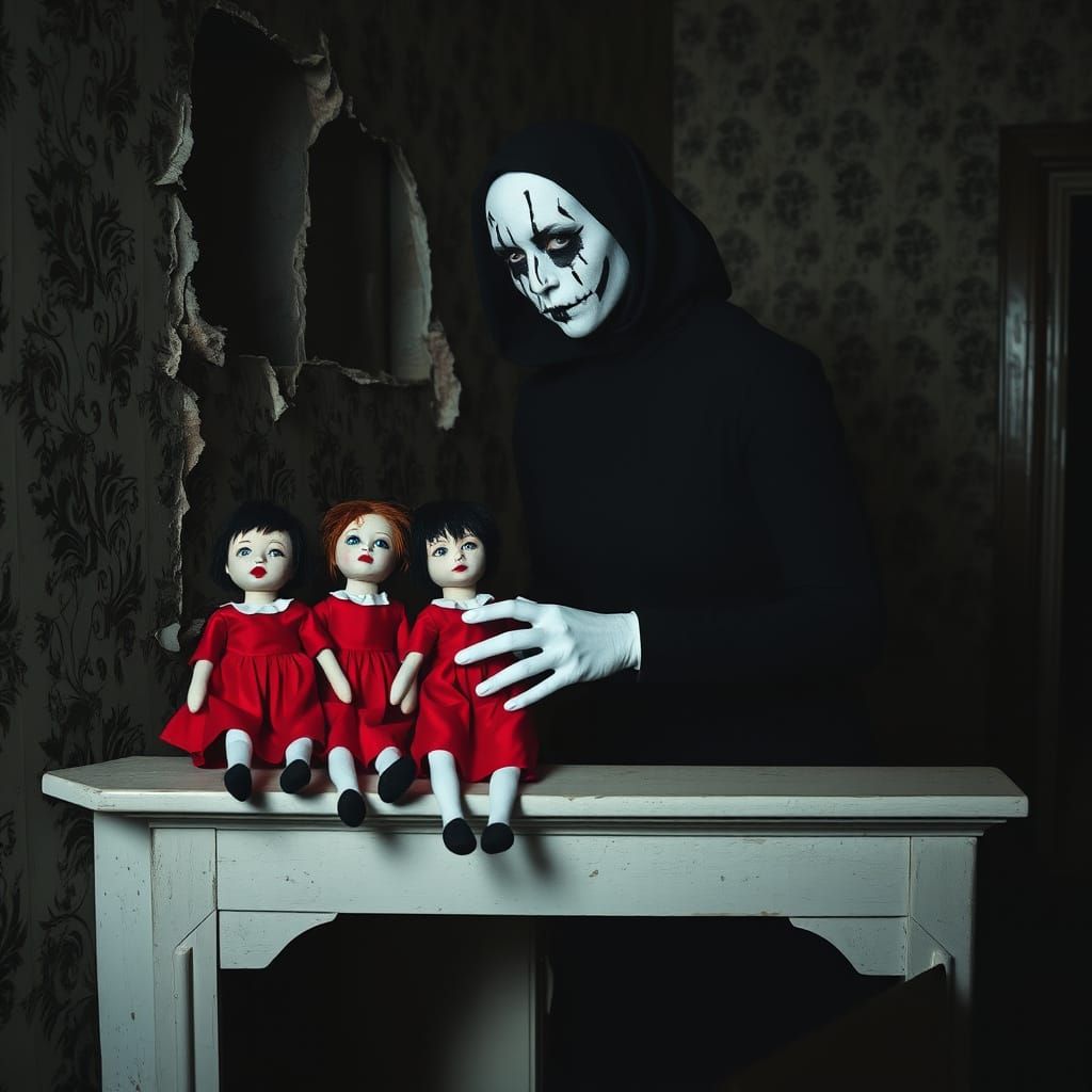 Mysterious Mime Places Rag Dolls in Dark, Abandoned Room