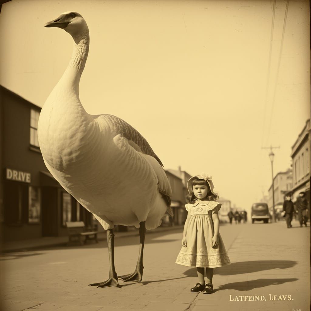 Surreal Giant Goose and Girl in Sepia Photograph