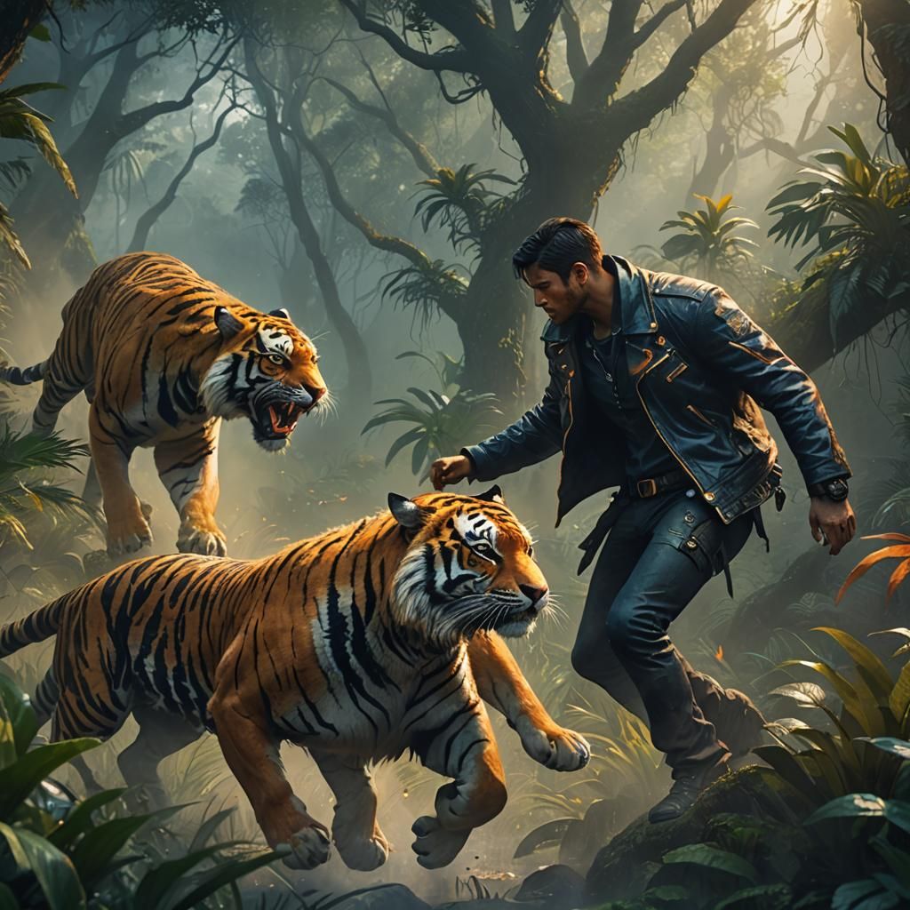 Tiger Attack in Misty Jungle, Fantasy Concept Art