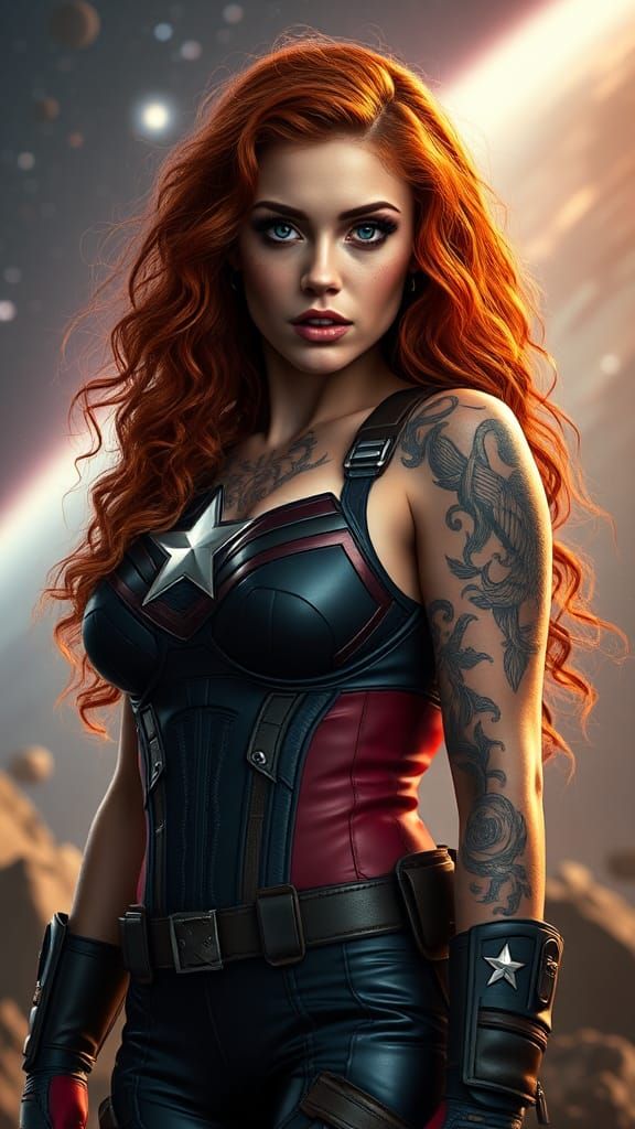 pic1.raw,  hot curvy female Captain America , curly long red hair ,blue eyes, full lips ,freckles , full body scene , ta...