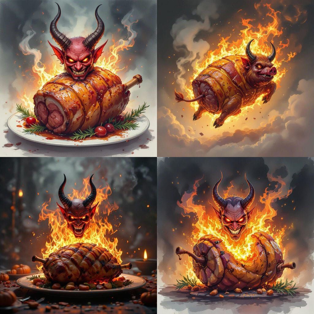 Devil Emerges from Fiery Pork Roast Illustration