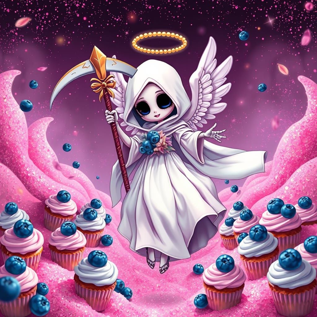 Kawaii Death Angel in Pink Glitter Dreamscape