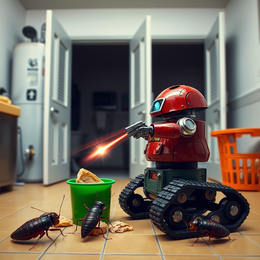 Robot Cockroach Battle in a Utility Room