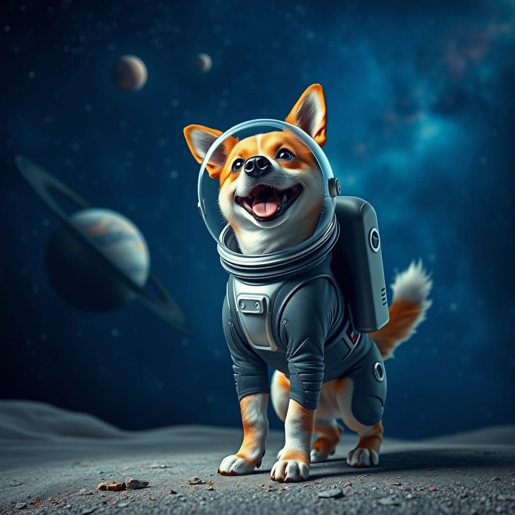Astro Dog Lucky on the Moon in Photorealistic Style
