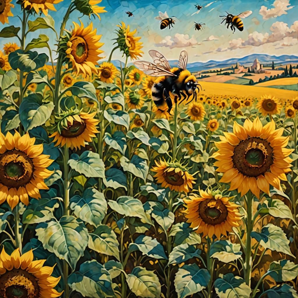 Bumblebee in Sunflower Field as Impressionist Oil Painting
