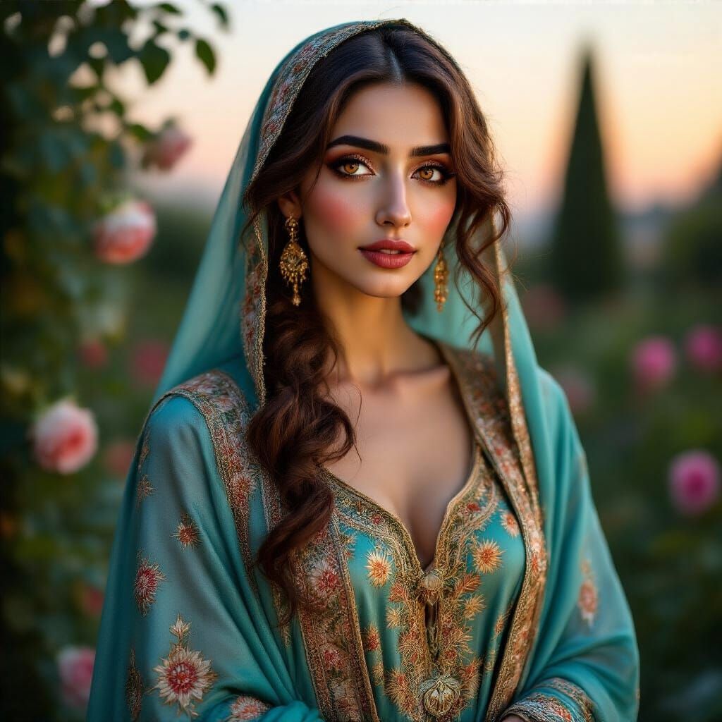 Iranian Woman in Twilight Garden as Symbolic Magical Realism