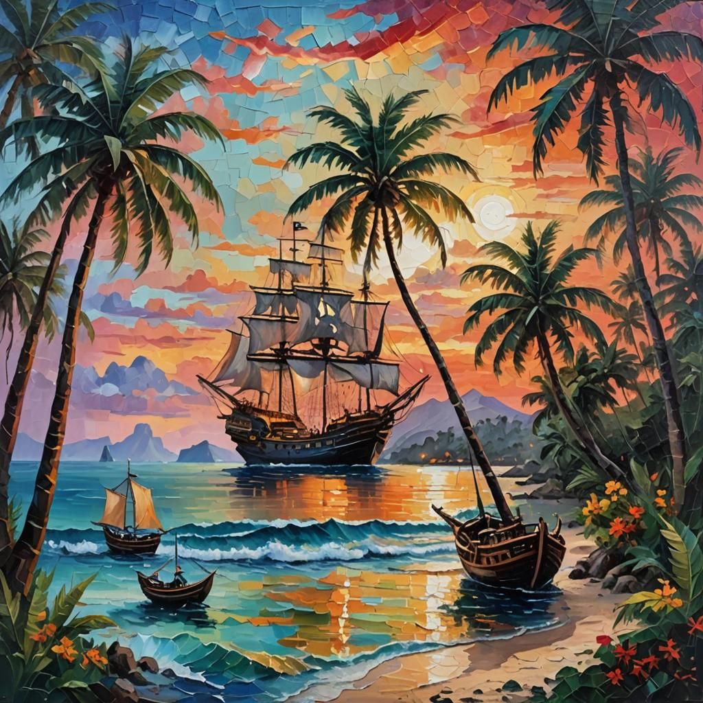 Tropical Sunset Pirate Ship Impressionist Painting