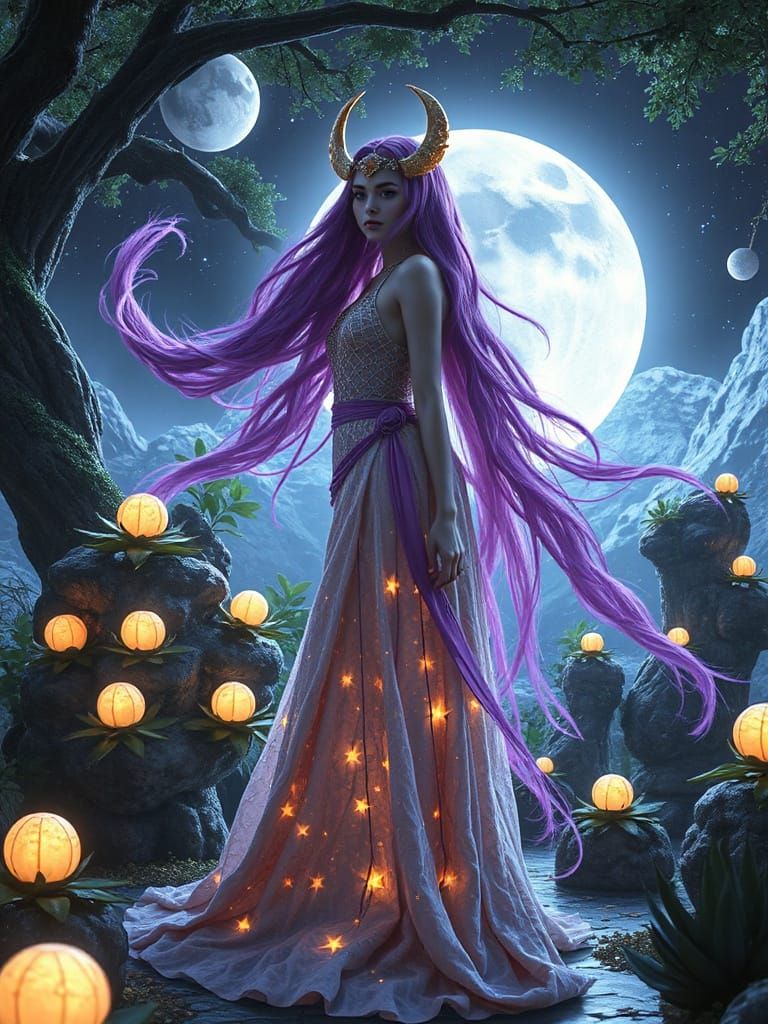 A majestic moon goddess stands in a cosmic garden, her purple hair flowing around her like stardust. She wears a gown of...