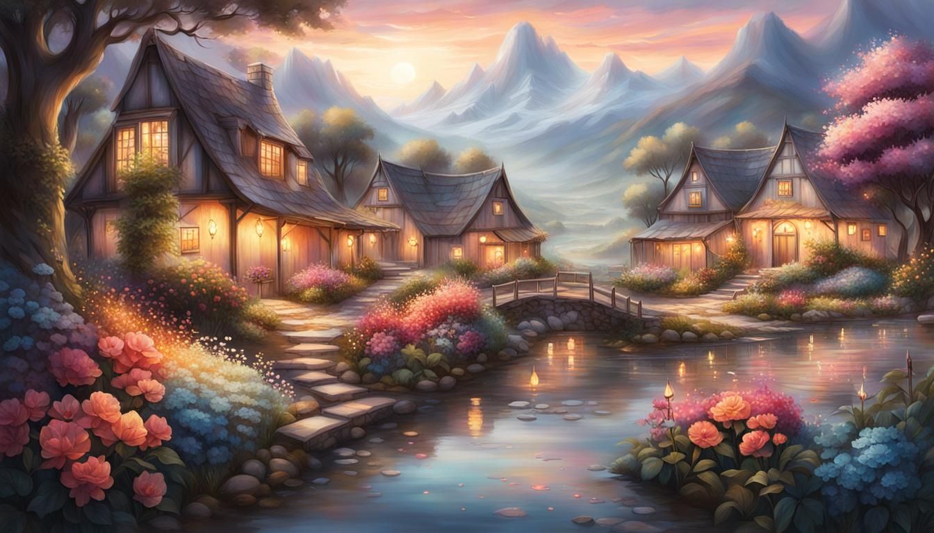 Heavenly Rustic Village Scene with Gardens and Flowers