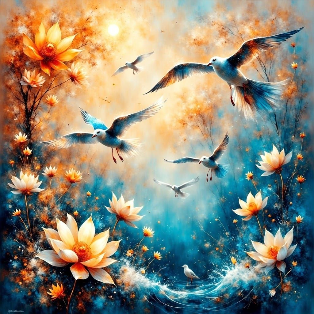 Beautiful composition <lora:EtherealVisionsFlux:1.0> seagulls in the waves, dreamscapes, alcohol ink, gold outlines, flo...