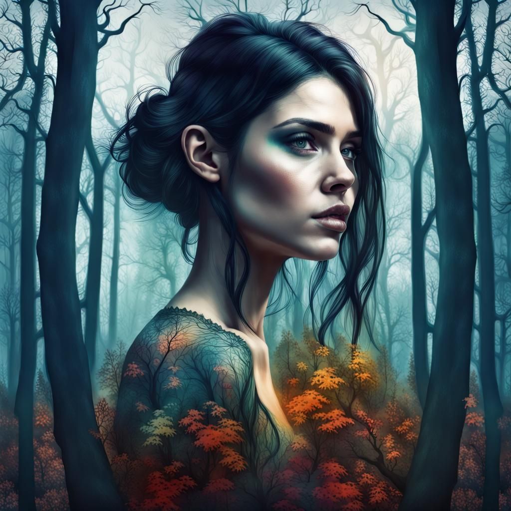 Haunted Forest Double Exposure Portrait in Digital Art