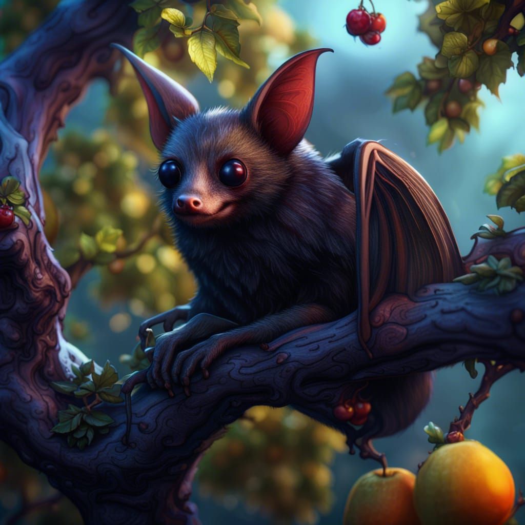 Glass Fruit Bat Hugging Branch: Detailed Matte Painting