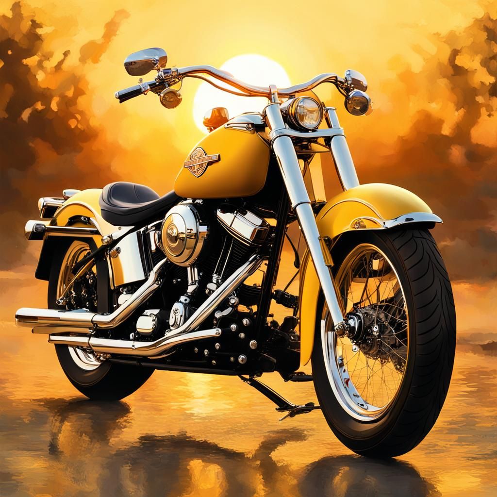 Yellow Harley-Davidson Softail Sunset Oil Painting